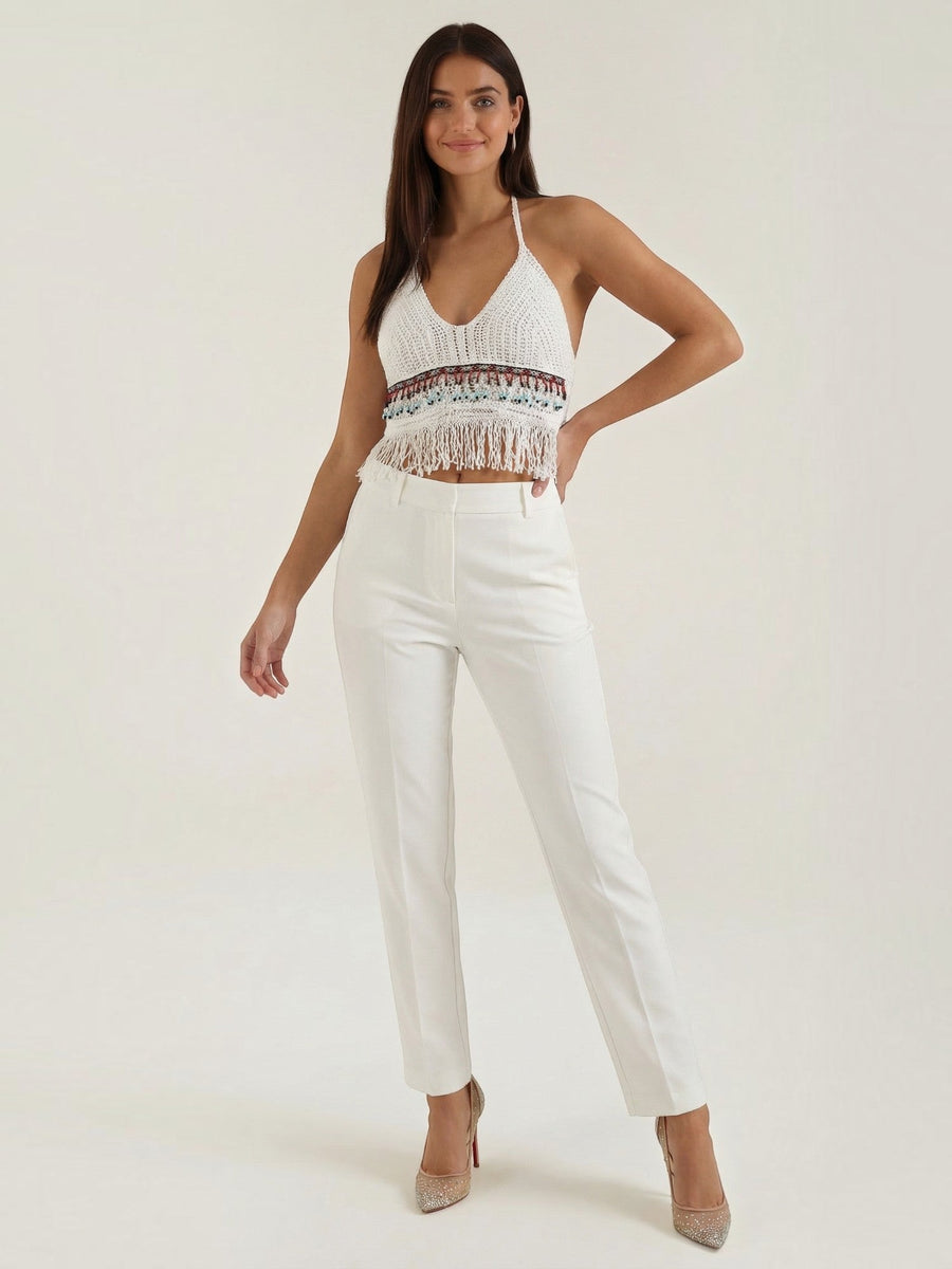 Celeste Striped Crochet Fringe Halter Top