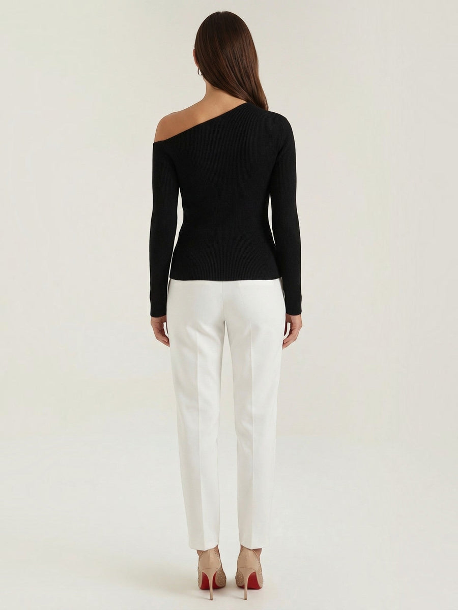 Shirley Asymmetric Collar Ribbed Top