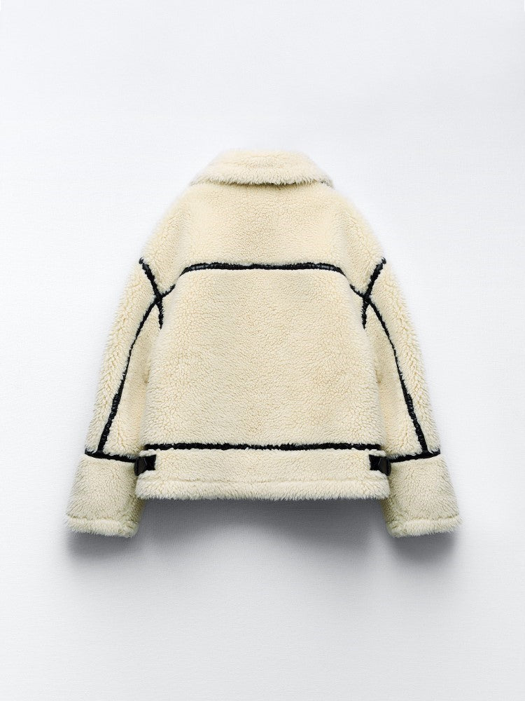 Malena Contrast Stitch Sherpa Zip Jacket