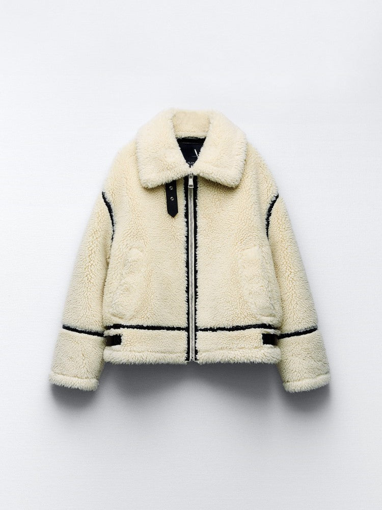 Malena Contrast Stitch Sherpa Zip Jacket