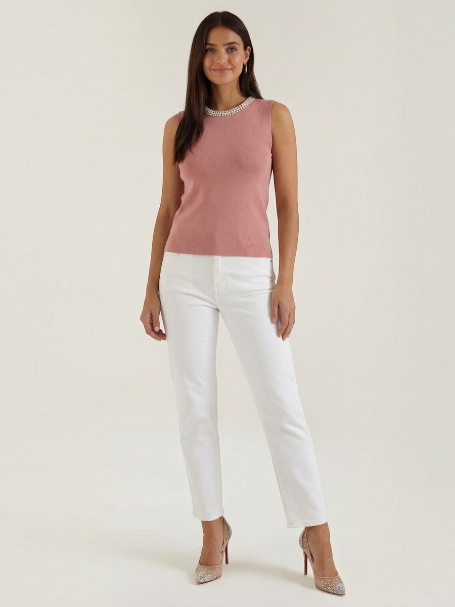 Rosalba Pearl Trim Ribbed Tank Top
