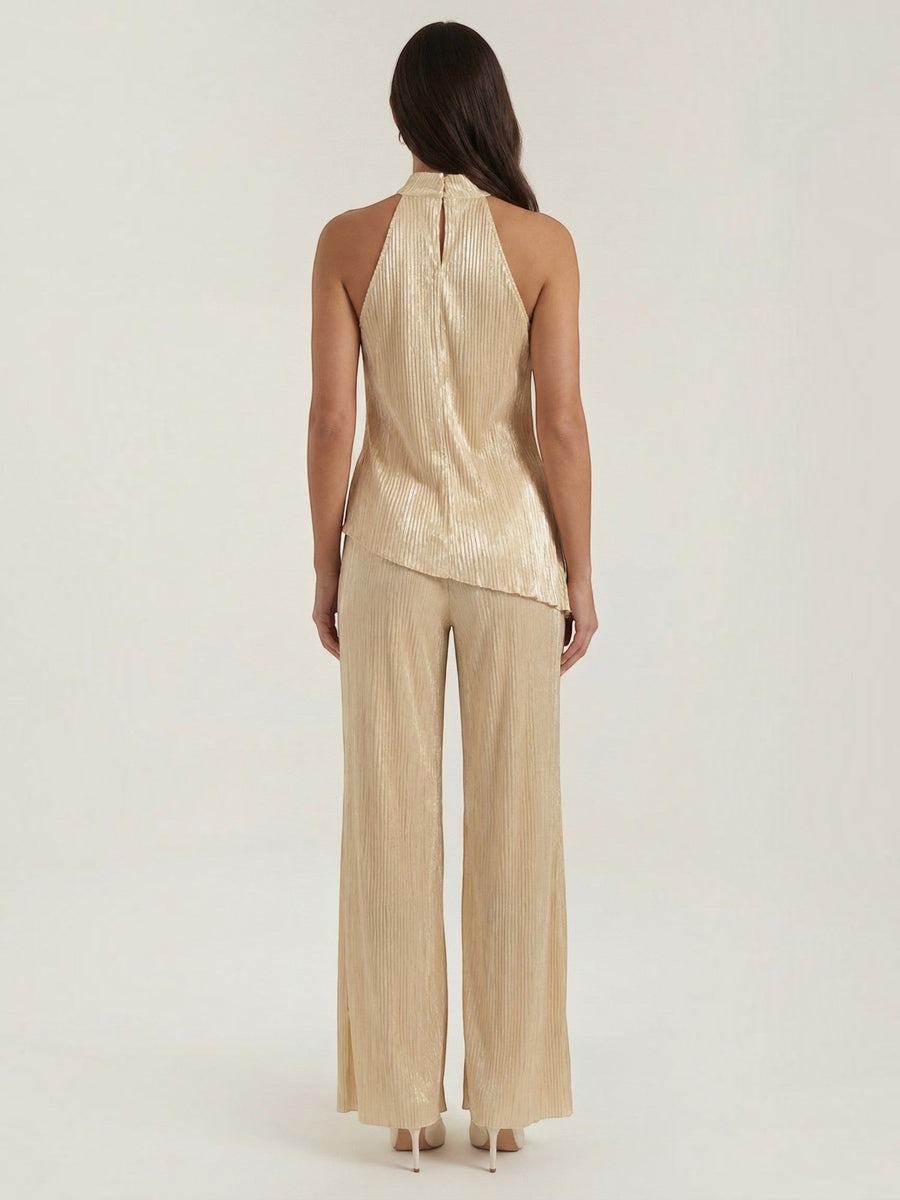 Gina Metallic Pleated Halter Top and Pants Set