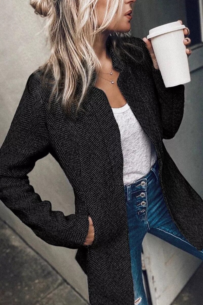 Verena Herringbone Longline Open Blazer
