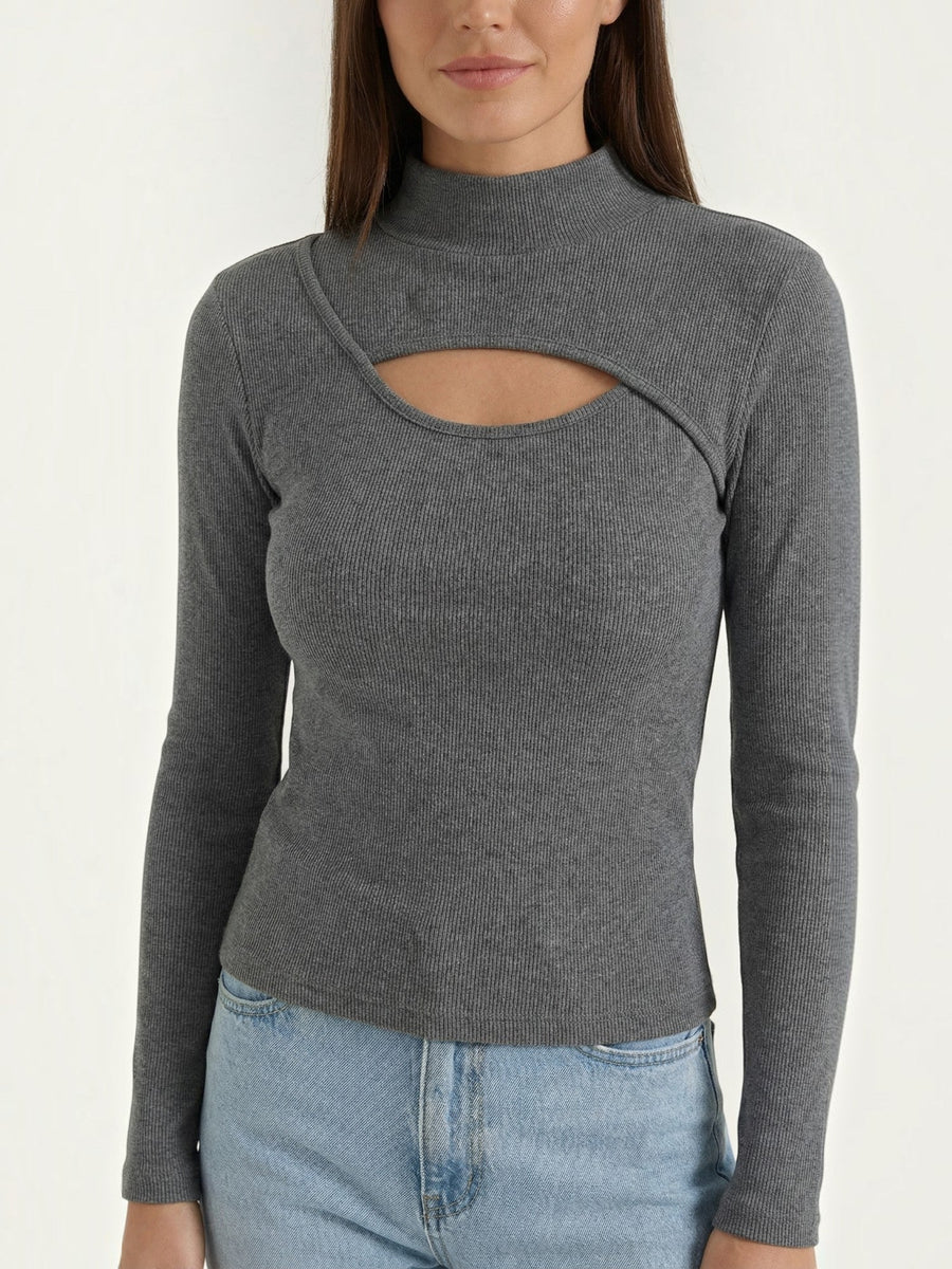 Barbara Cut Out Stand Collar Long Sleeve Top