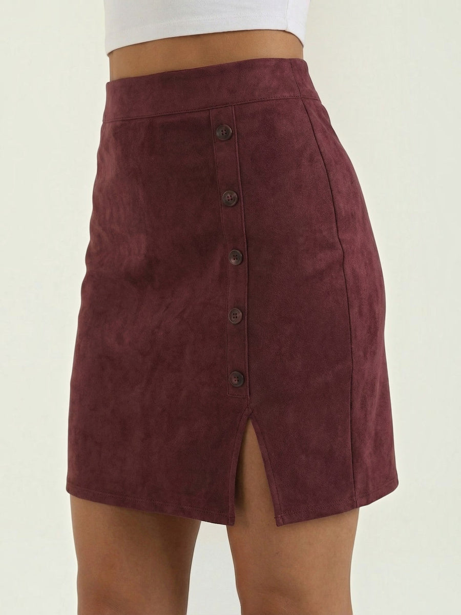 Hope Button Front Suede Mini Skirt
