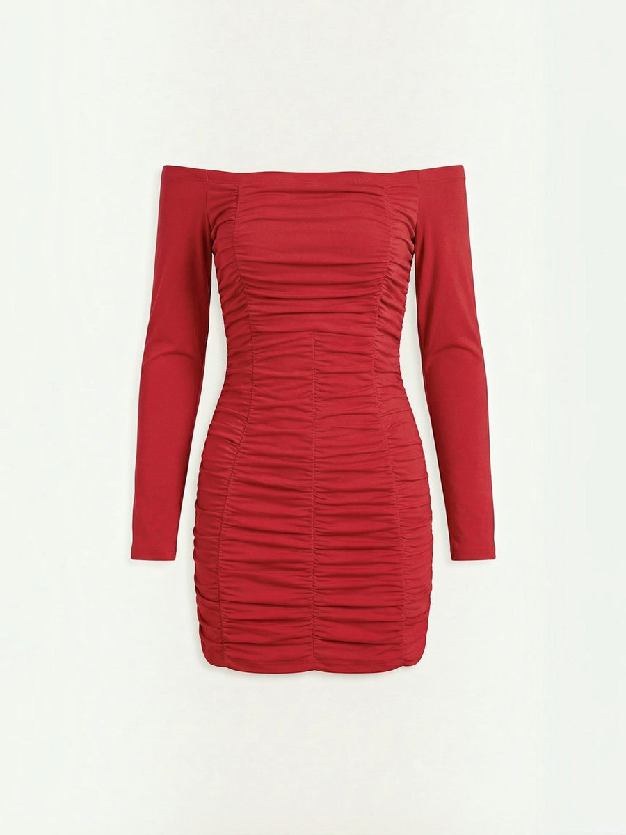 Yvette Off Shoulder Long Sleeve Ruched Mini Dress