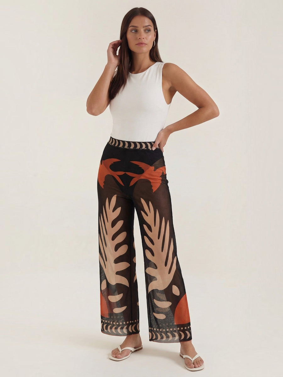 Beth Tropical Print Mesh Wide Leg Pants