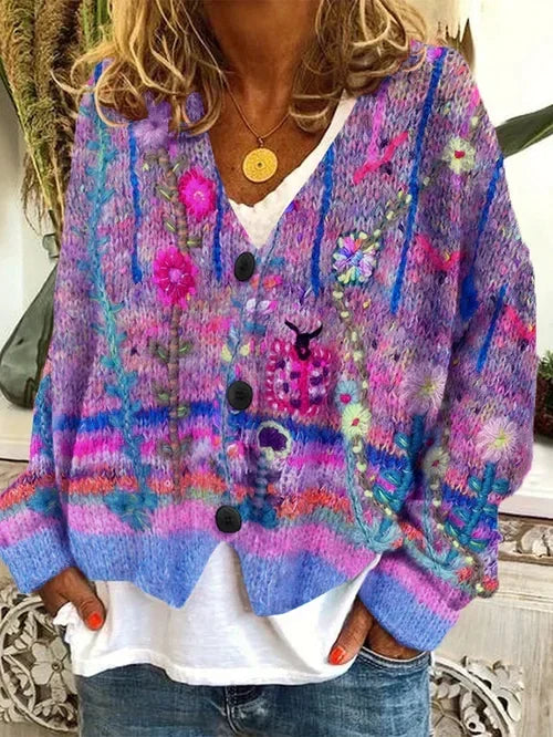 Hanna Floral Striped V Neck Cardigan