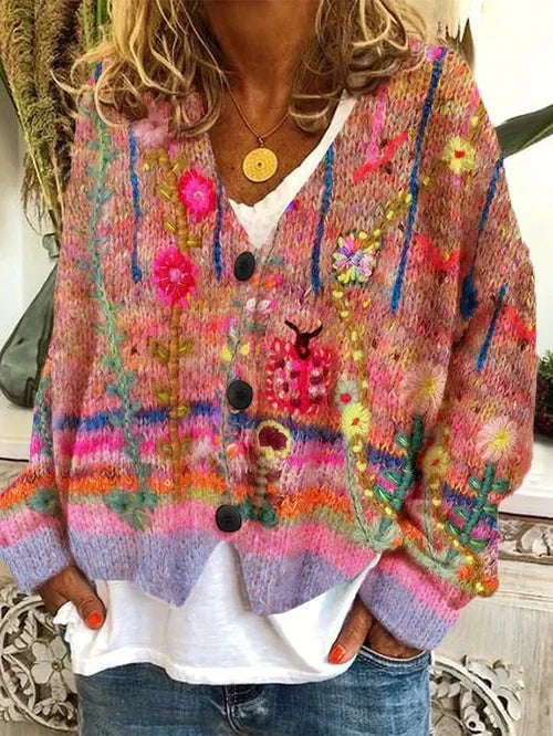 Hanna Floral Striped V Neck Cardigan
