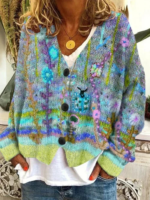 Hanna Floral Striped V Neck Cardigan
