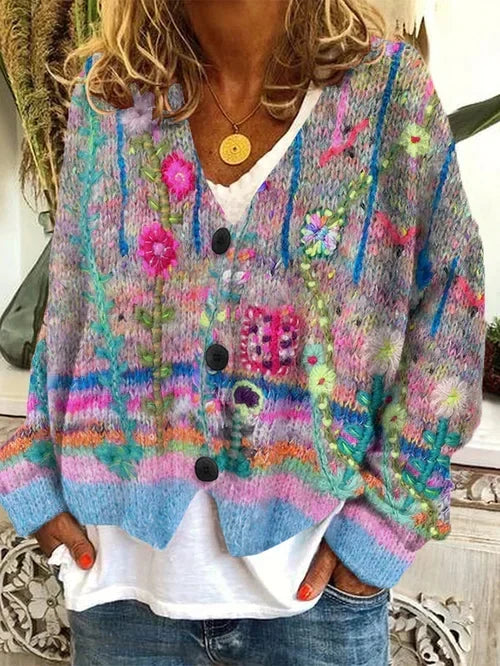 Hanna Floral Striped V Neck Cardigan