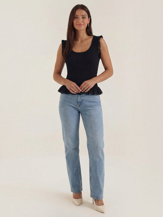 Carol Ribbed Ruffle Strap Top
