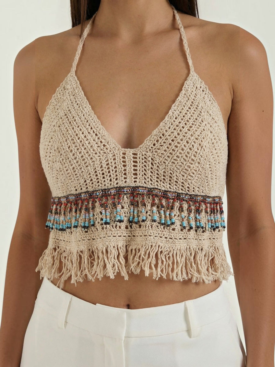 Celeste Striped Crochet Fringe Halter Top