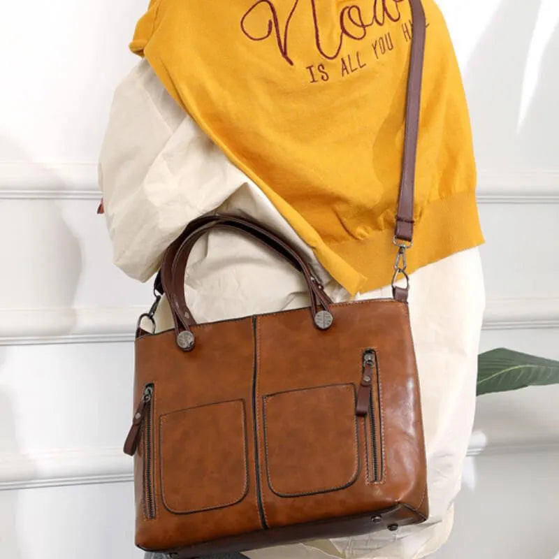 Thilde Leather Satchel with Front Zip Pockets