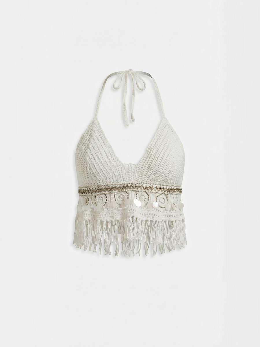 Brandy Crochet Fringe V Neck Halter Top