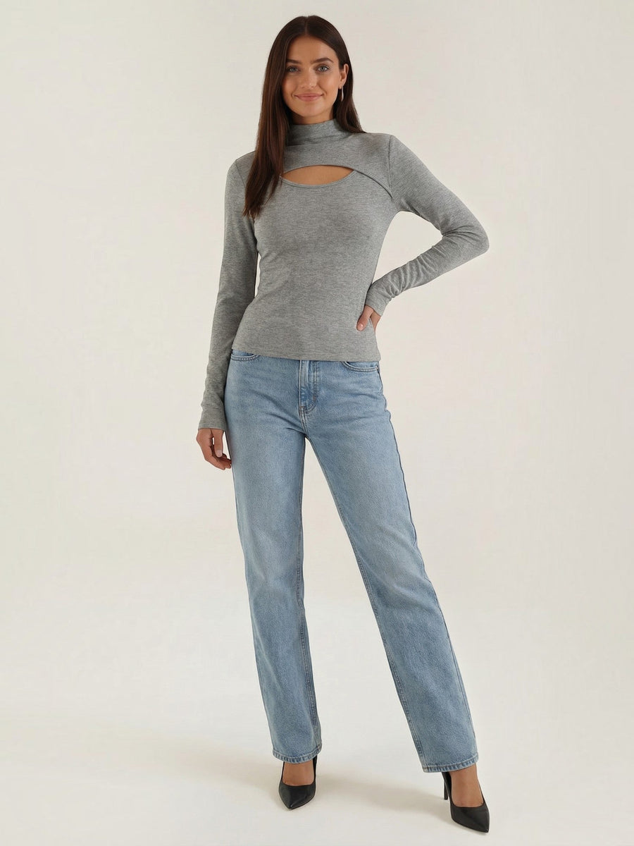 Barbara Cut Out Stand Collar Long Sleeve Top