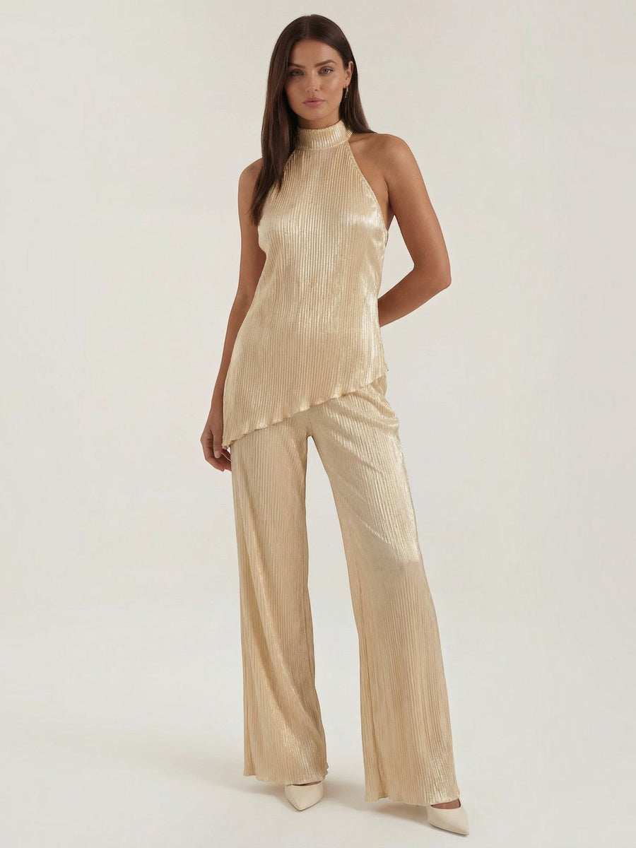 Gina Metallic Pleated Halter Top and Pants Set