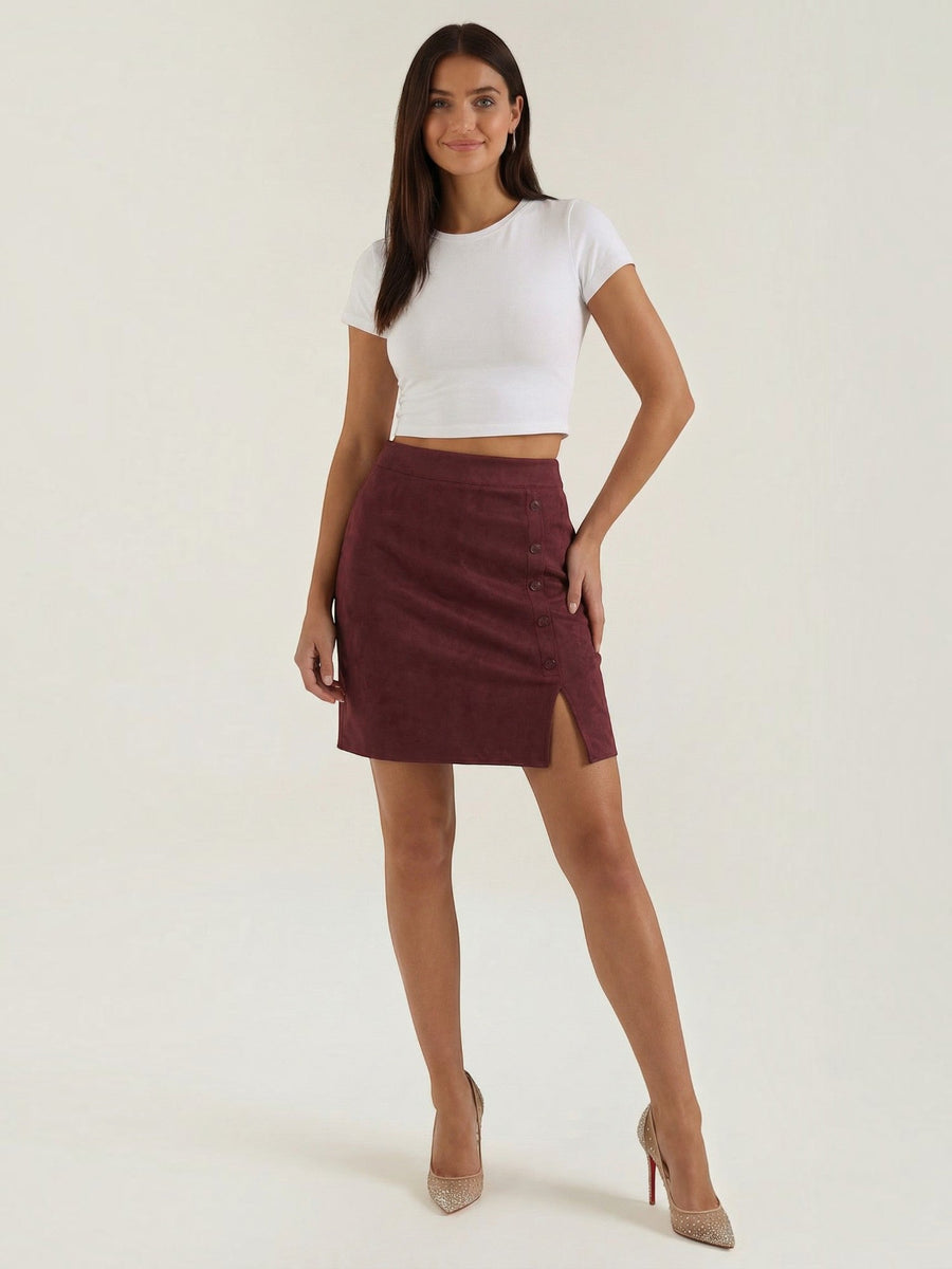 Hope Button Front Suede Mini Skirt