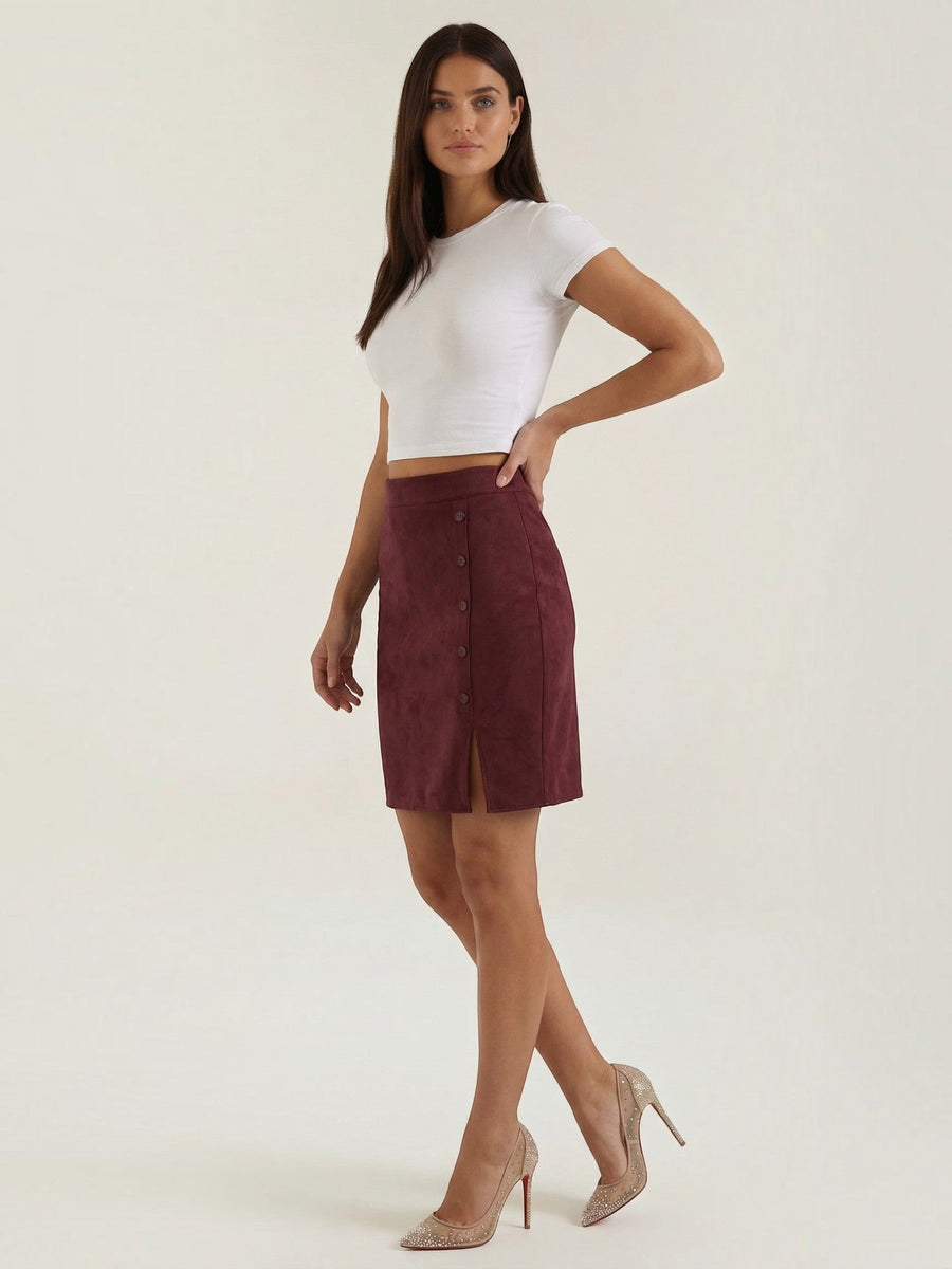 Hope Button Front Suede Mini Skirt