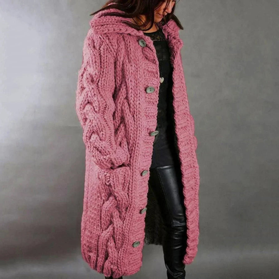 Valora Long Cable Knit Hooded Cardigan