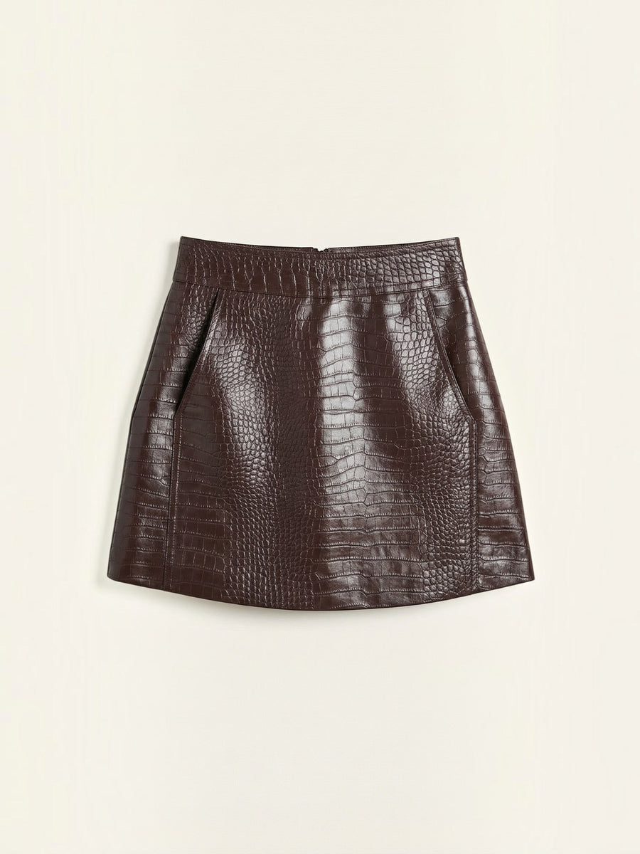 Sue Croc Embossed Faux Leather Mini Skirt