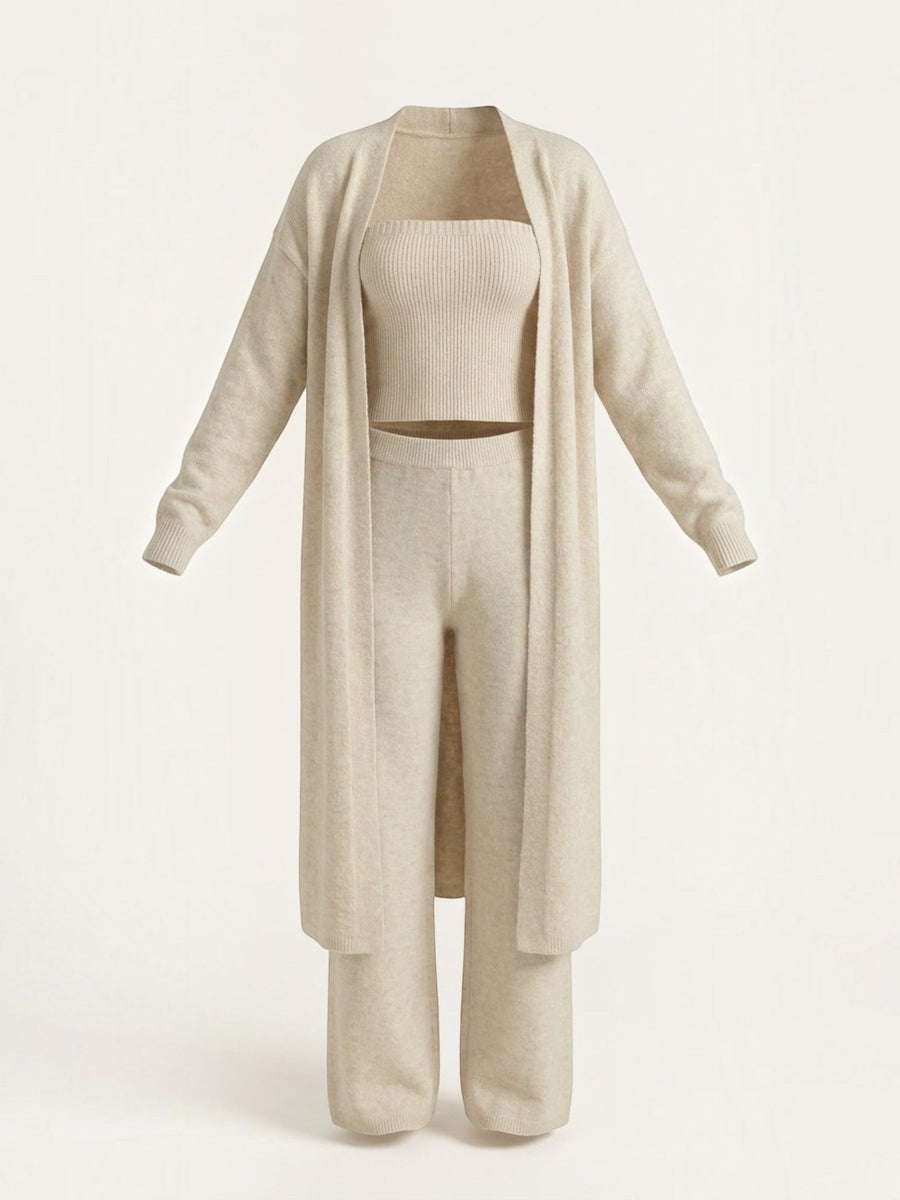 Jeanne Cardigan Bandeau and Pants Three Piece Knit Set