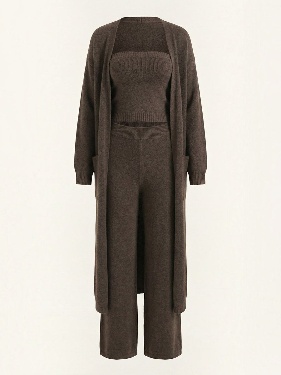 Jeanne Cardigan Bandeau and Pants Three Piece Knit Set