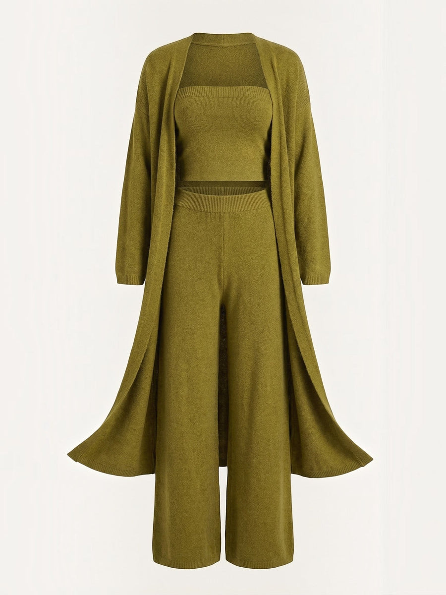 Jeanne Cardigan Bandeau and Pants Three Piece Knit Set