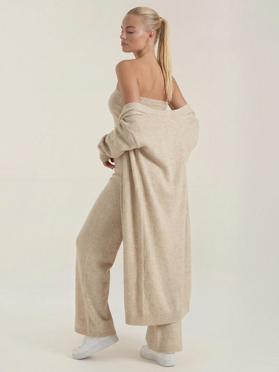 Jeanne Cardigan Bandeau and Pants Three Piece Knit Set