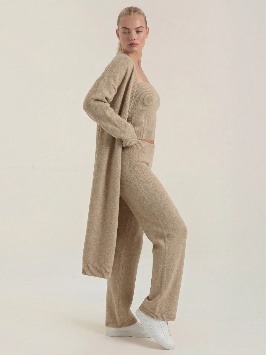 Jeanne Cardigan Bandeau and Pants Three Piece Knit Set