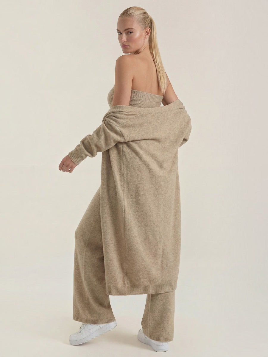 Jeanne Cardigan Bandeau and Pants Three Piece Knit Set