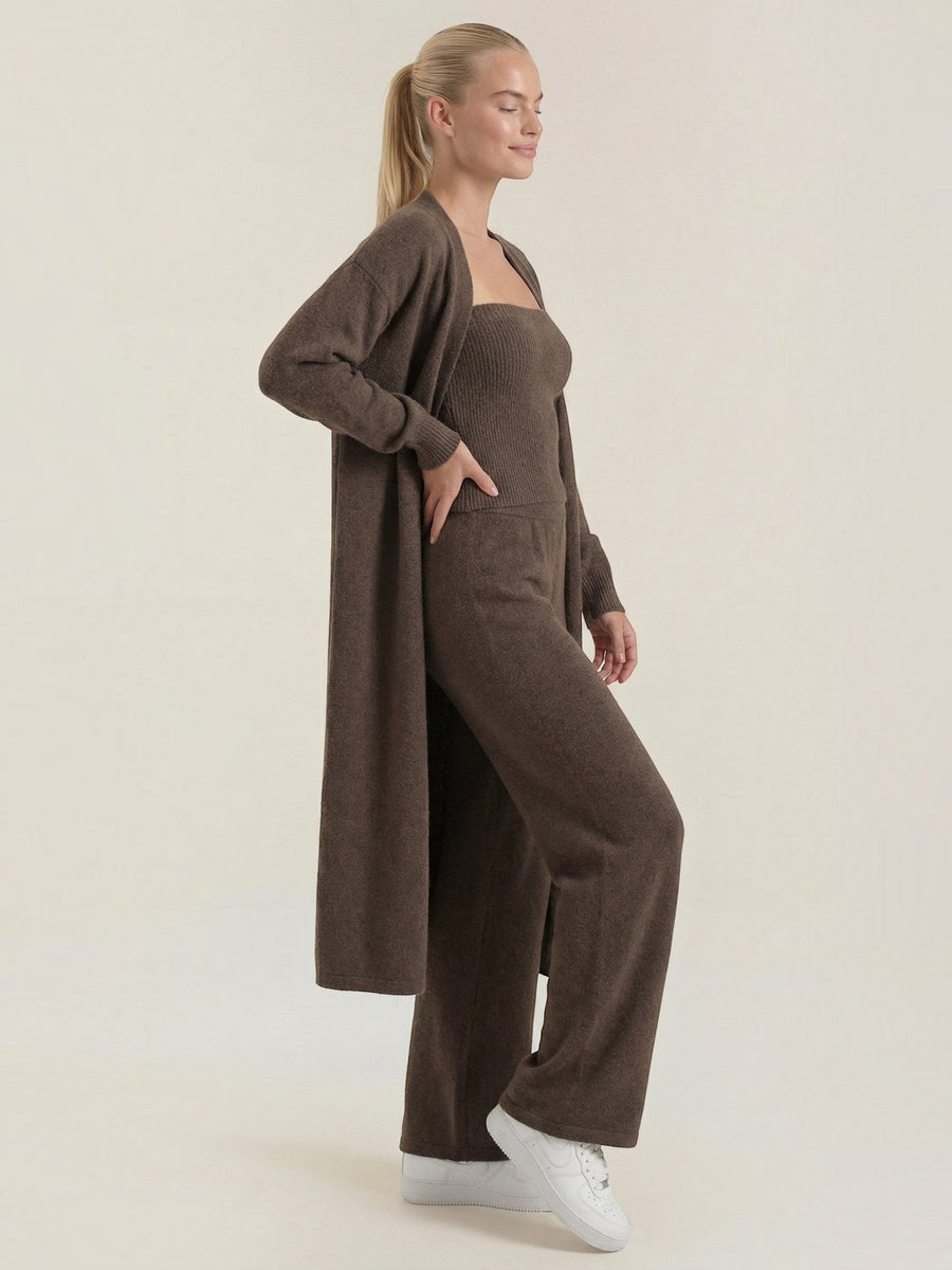 Jeanne Cardigan Bandeau and Pants Three Piece Knit Set