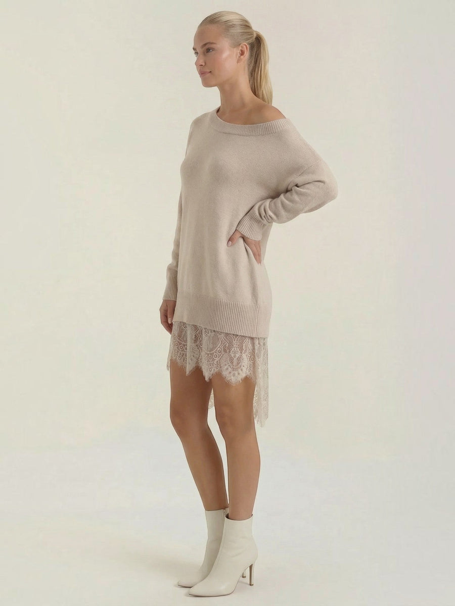Rosemary One Shoulder Lace Trim Knit Mini Dress