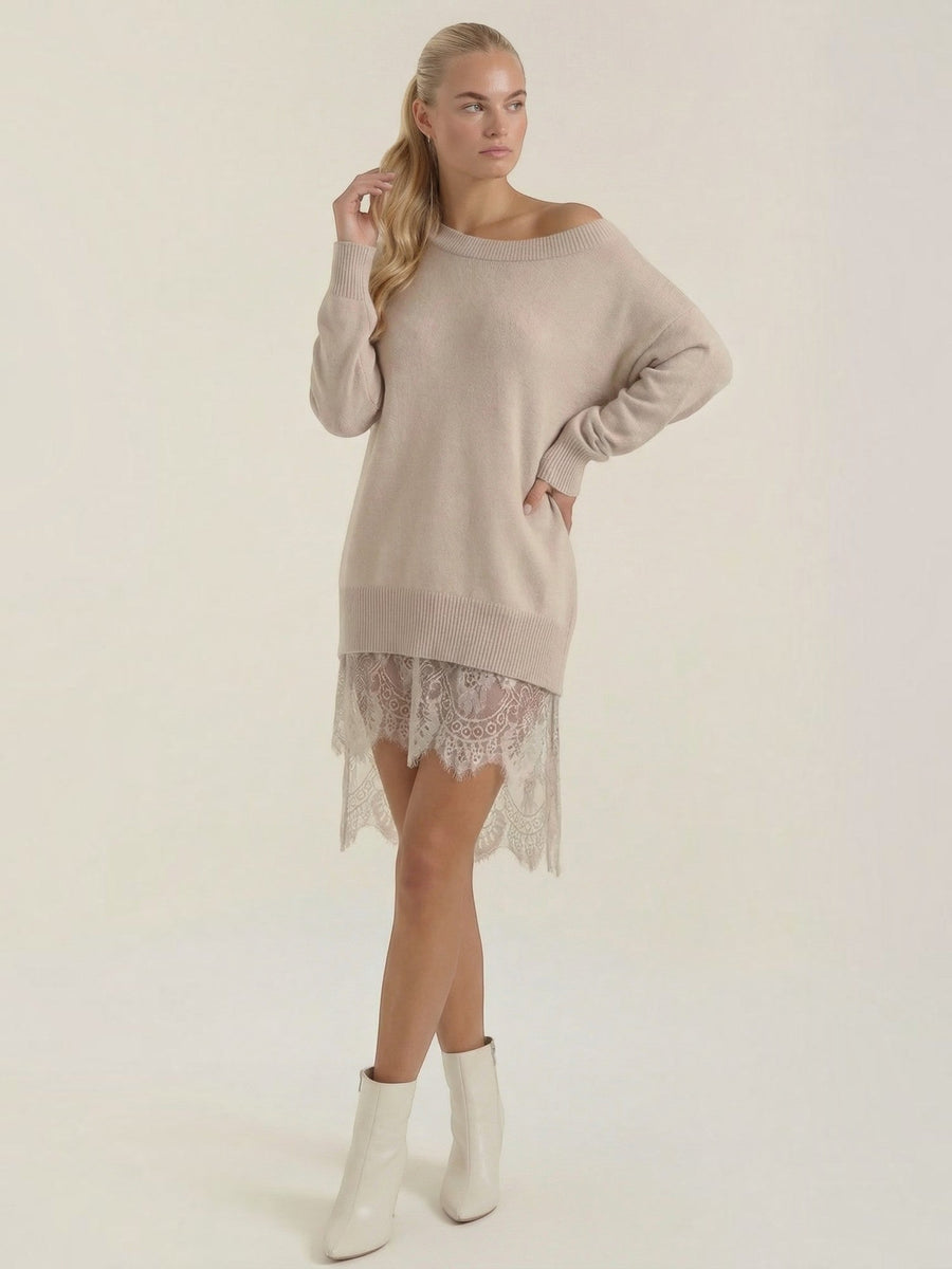 Rosemary One Shoulder Lace Trim Knit Mini Dress
