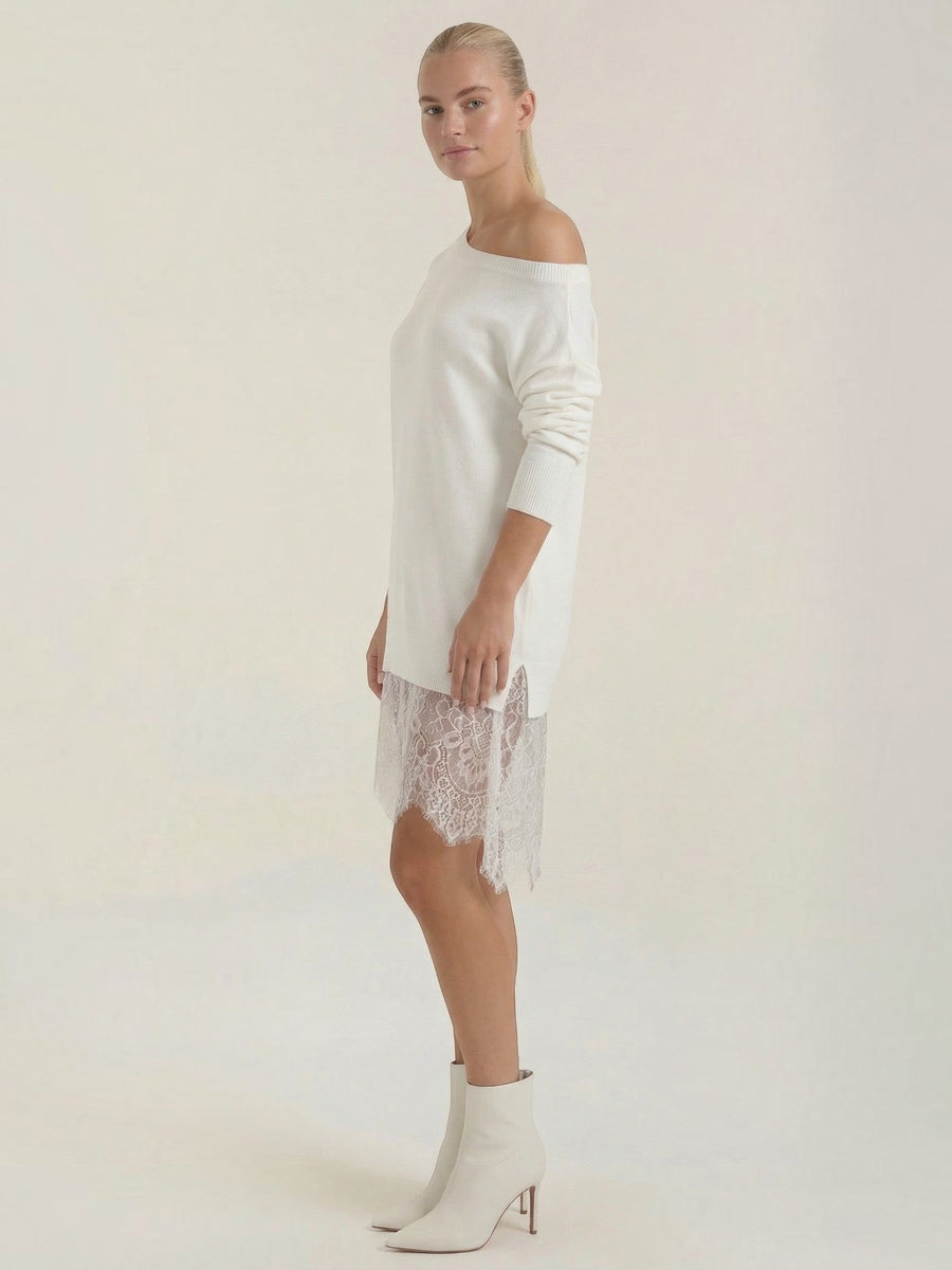 Rosemary One Shoulder Lace Trim Knit Mini Dress