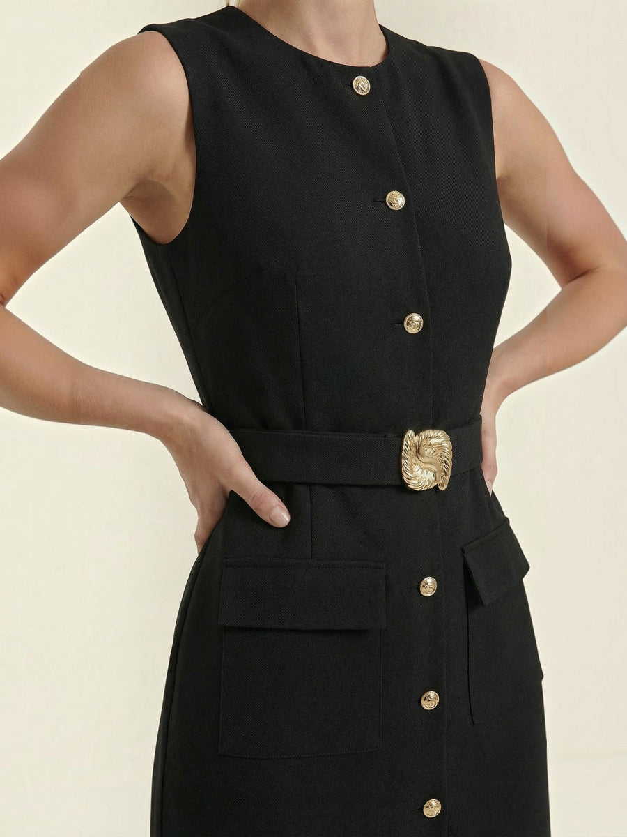 Arlene Gold Button Belted Midi Dress