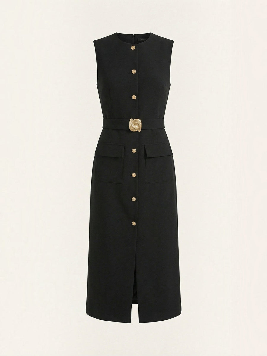 Arlene Gold Button Belted Midi Dress