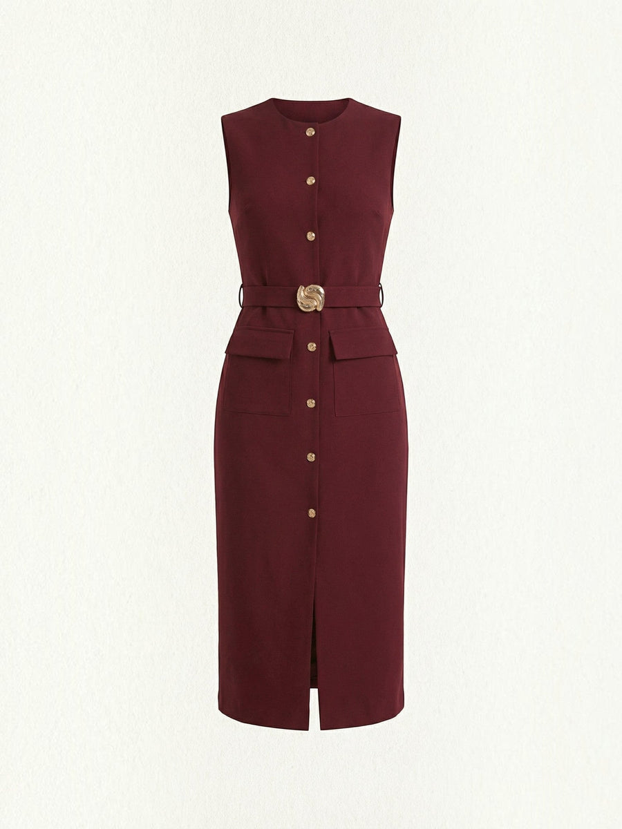 Arlene Gold Button Belted Midi Dress