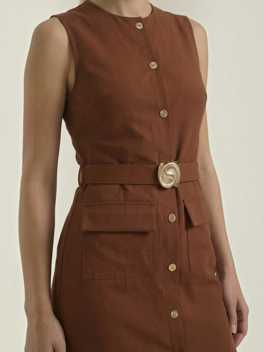 Arlene Gold Button Belted Midi Dress