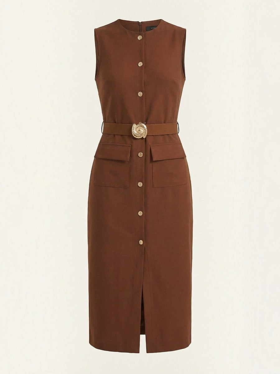Arlene Gold Button Belted Midi Dress