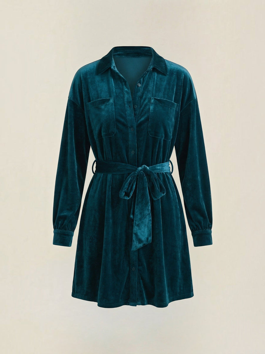 Cecilia Velvet Button Front Mini Shirt Dress