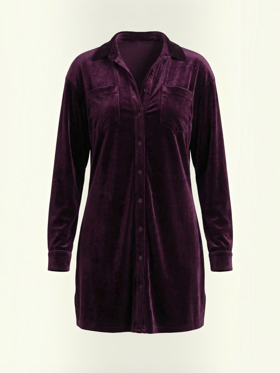 Cecilia Velvet Button Front Mini Shirt Dress