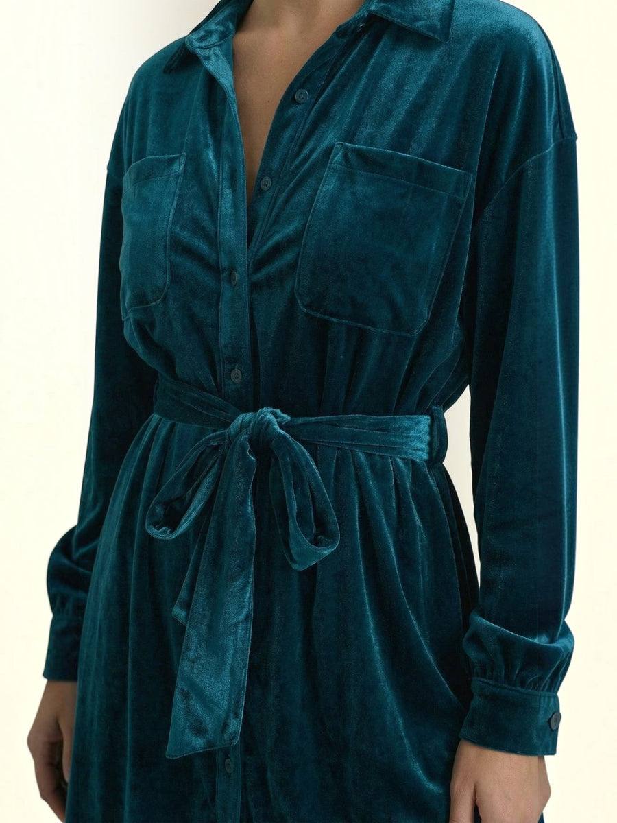 Cecilia Velvet Button Front Mini Shirt Dress