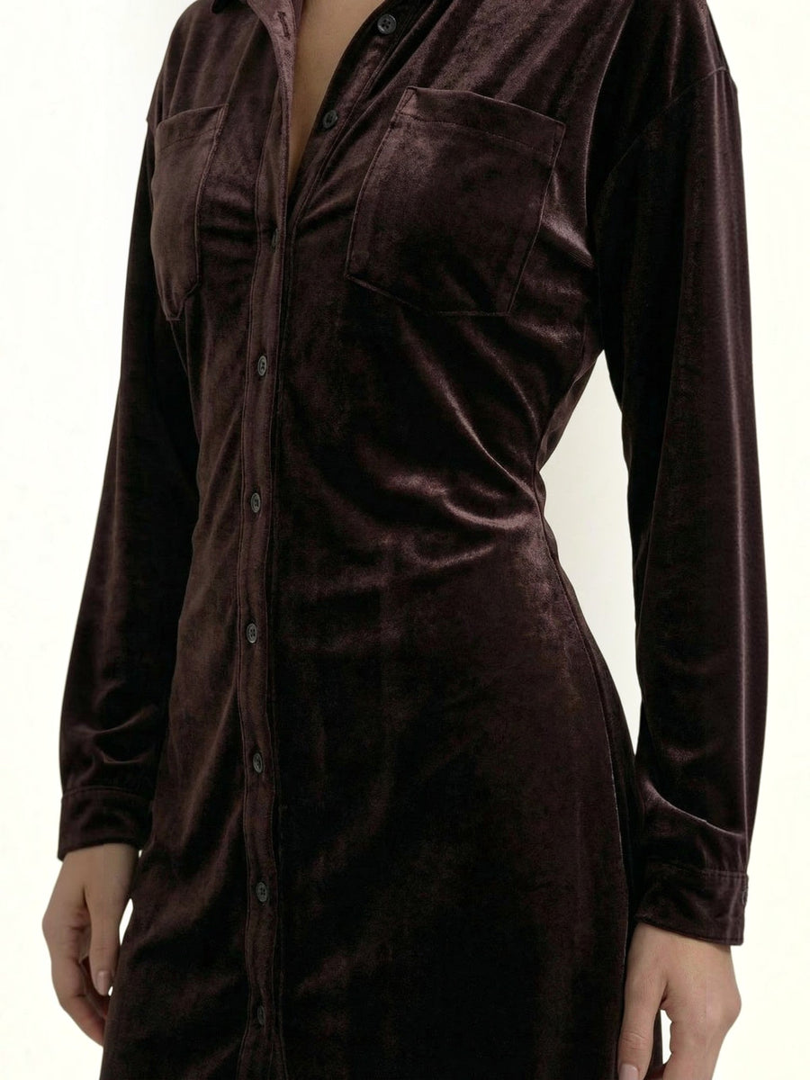 Cecilia Velvet Button Front Mini Shirt Dress