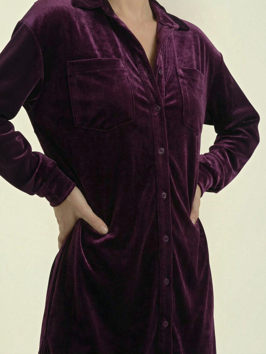 Cecilia Velvet Button Front Mini Shirt Dress