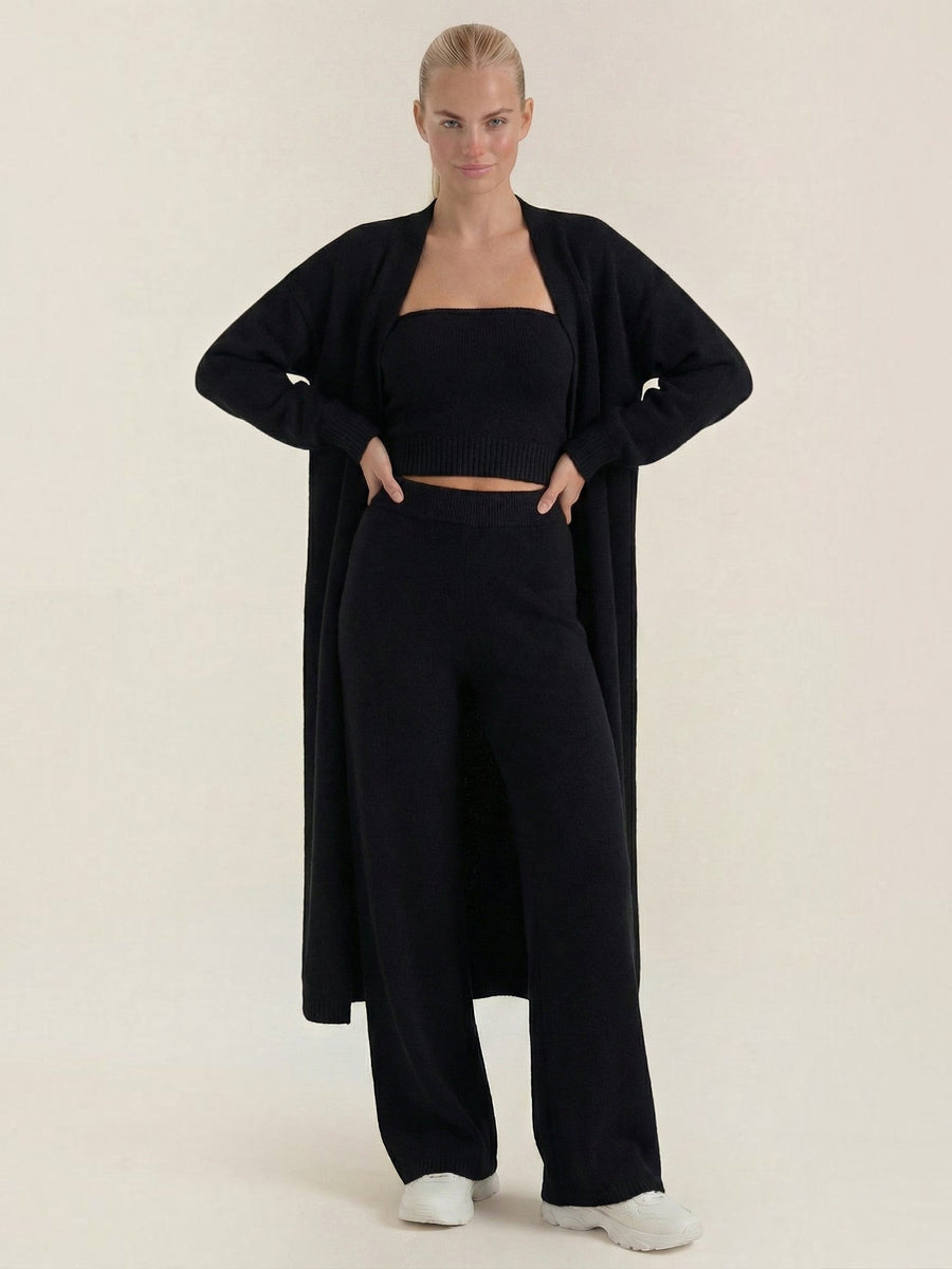 Jeanne Cardigan Bandeau and Pants Three Piece Knit Set