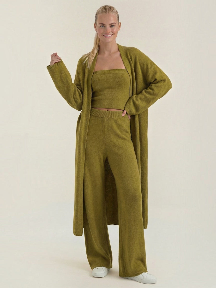 Jeanne Cardigan Bandeau and Pants Three Piece Knit Set