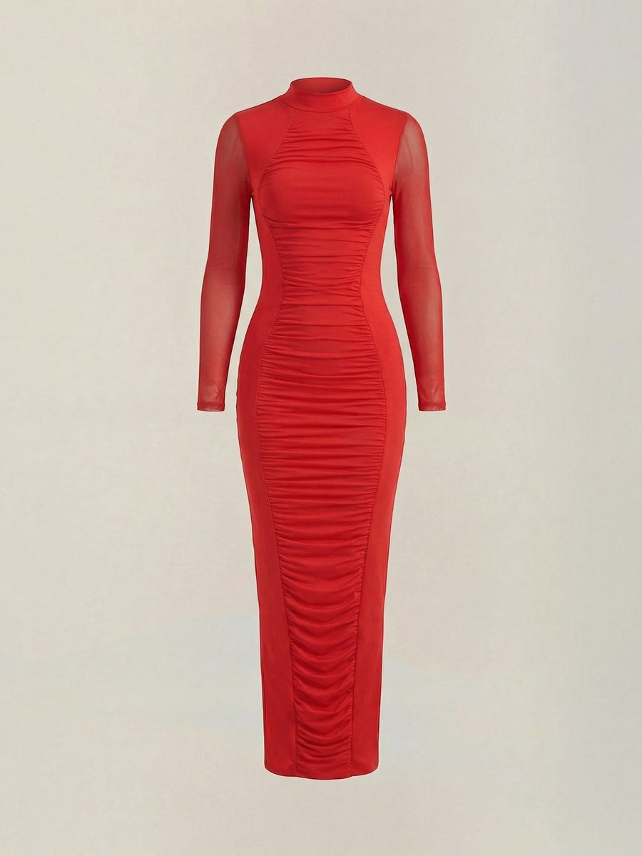 Susanna Mesh Sleeve Ruched Maxi Dress