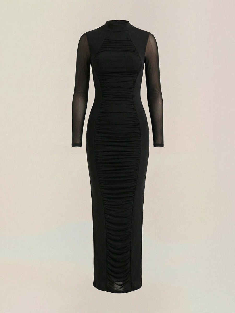 Susanna Mesh Sleeve Ruched Maxi Dress