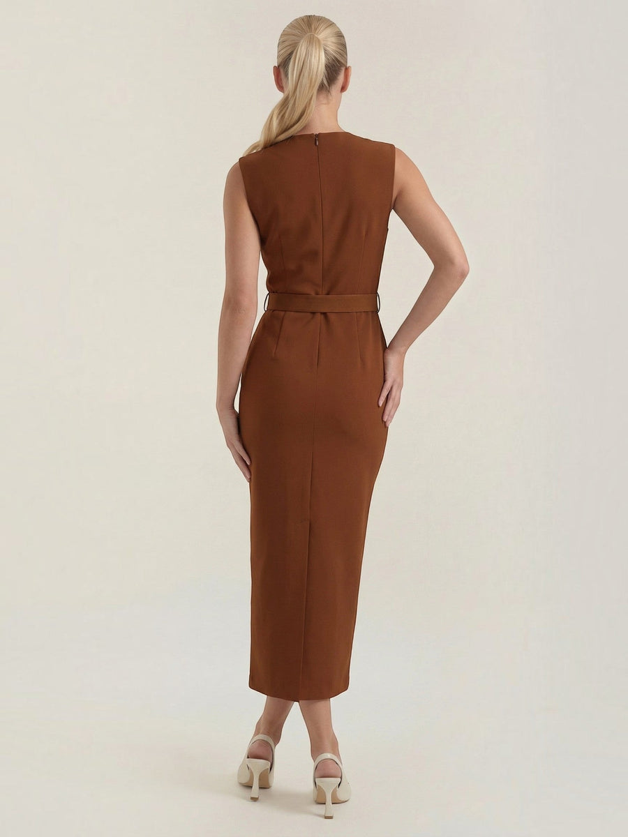 Arlene Gold Button Belted Midi Dress